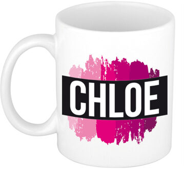 Bellatio Decorations Naam cadeau mok / beker Chloe met roze verfstrepen 300 ml