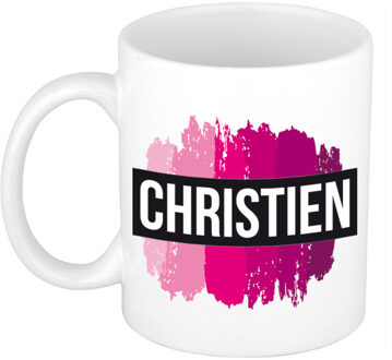 Bellatio Decorations Naam cadeau mok / beker Christien met roze verfstrepen 300 ml