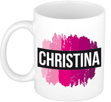 Bellatio Decorations Naam cadeau mok / beker Christina met roze verfstrepen 300 ml