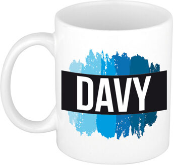 Bellatio Decorations Naam cadeau mok / beker Davy met blauwe verfstrepen 300 ml