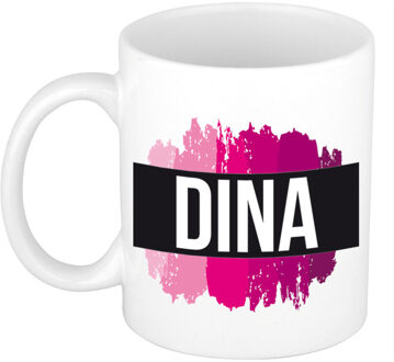Bellatio Decorations Naam cadeau mok / beker Dina met roze verfstrepen 300 ml