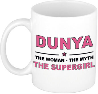 Bellatio Decorations Naam cadeau mok/ beker Dunya The woman, The myth the supergirl 300 ml - Naam mokken Multikleur