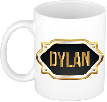 Bellatio Decorations Naam cadeau mok / beker Dylan met gouden embleem 300 ml Zwart
