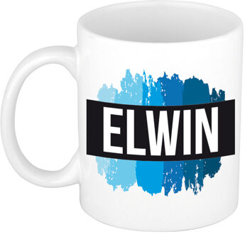 Bellatio Decorations Naam cadeau mok / beker Elwin met blauwe verfstrepen 300 ml