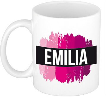 Bellatio Decorations Naam cadeau mok / beker Emilia met roze verfstrepen 300 ml