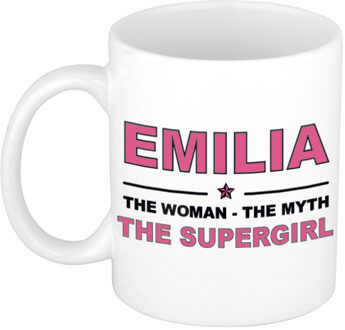 Bellatio Decorations Naam cadeau mok/ beker Emilia The woman, The myth the supergirl 300 ml - Naam mokken Multikleur