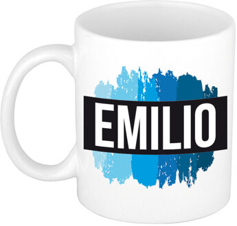 Bellatio Decorations Naam cadeau mok / beker Emilio met blauwe verfstrepen 300 ml