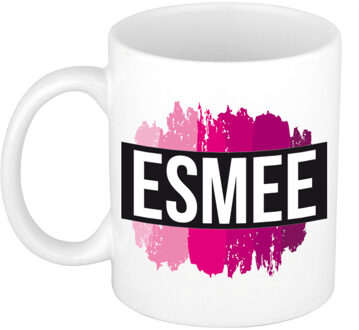 Bellatio Decorations Naam cadeau mok / beker Esmee met roze verfstrepen 300 ml