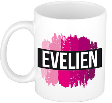 Bellatio Decorations Naam cadeau mok / beker Evelien met roze verfstrepen 300 ml