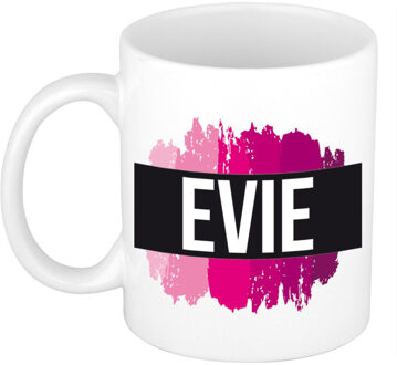 Bellatio Decorations Naam cadeau mok / beker Evie met roze verfstrepen 300 ml