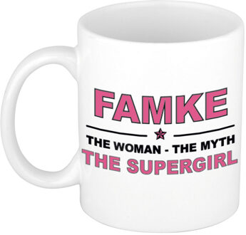 Bellatio Decorations Naam cadeau mok/ beker Famke The woman, The myth the supergirl 300 ml - Naam mokken Multikleur