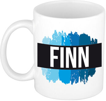 Bellatio Decorations Naam cadeau mok / beker Finn met blauwe verfstrepen 300 ml