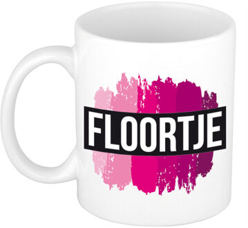 Bellatio Decorations Naam cadeau mok / beker Floortje met roze verfstrepen 300 ml