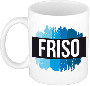 Bellatio Decorations Naam cadeau mok / beker Friso met blauwe verfstrepen 300 ml