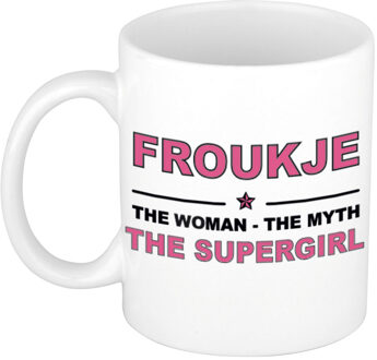 Bellatio Decorations Naam cadeau mok/ beker Froukje The woman, The myth the supergirl 300 ml - Naam mokken Multikleur