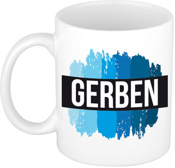 Bellatio Decorations Naam cadeau mok / beker Gerben met blauwe verfstrepen 300 ml