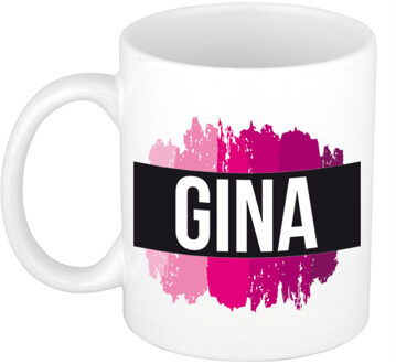 Bellatio Decorations Naam cadeau mok / beker Gina met roze verfstrepen 300 ml