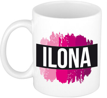 Bellatio Decorations Naam cadeau mok / beker Ilona met roze verfstrepen 300 ml