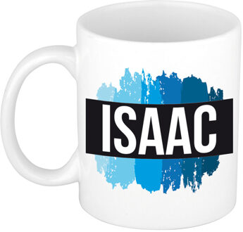 Bellatio Decorations Naam cadeau mok / beker Isaac met blauwe verfstrepen 300 ml