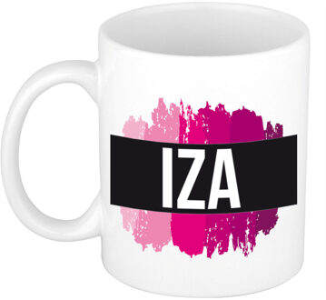 Bellatio Decorations Naam cadeau mok / beker Iza met roze verfstrepen 300 ml