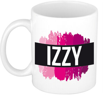 Bellatio Decorations Naam cadeau mok / beker Izzy met roze verfstrepen 300 ml