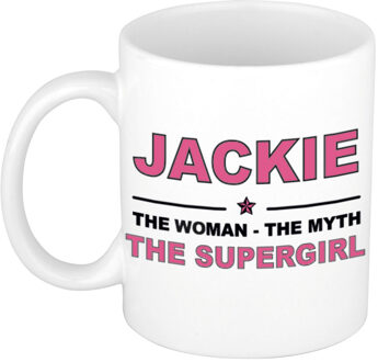 Bellatio Decorations Naam cadeau mok/ beker Jackie The woman, The myth the supergirl 300 ml - Naam mokken Multikleur