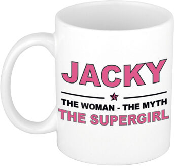 Bellatio Decorations Naam cadeau mok/ beker Jacky The woman, The myth the supergirl 300 ml - Naam mokken Multikleur