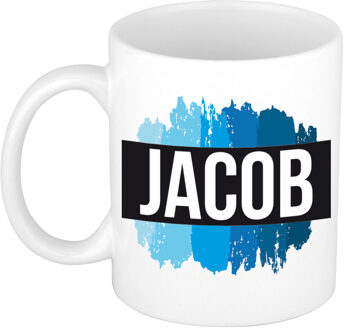 Bellatio Decorations Naam cadeau mok / beker Jacob met blauwe verfstrepen 300 ml