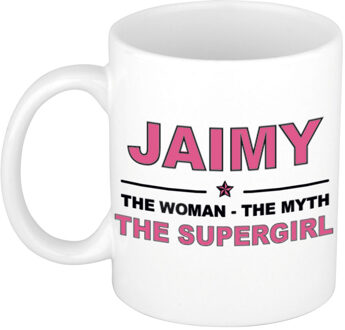 Bellatio Decorations Naam cadeau mok/ beker Jaimy The woman, The myth the supergirl 300 ml - Naam mokken Multikleur