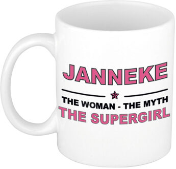 Bellatio Decorations Naam cadeau mok/ beker Janneke The woman, The myth the supergirl 300 ml - Naam mokken Multikleur