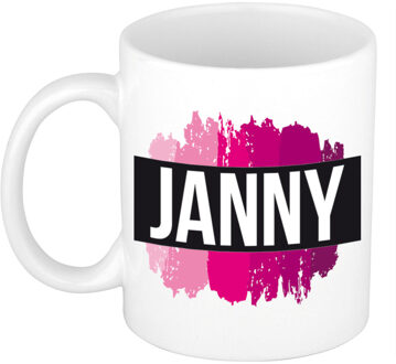 Bellatio Decorations Naam cadeau mok / beker Janny met roze verfstrepen 300 ml