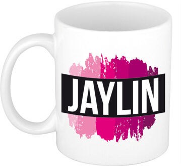 Bellatio Decorations Naam cadeau mok / beker Jaylin met roze verfstrepen 300 ml