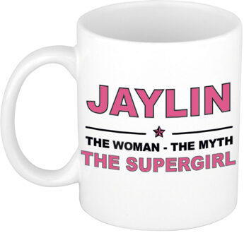 Bellatio Decorations Naam cadeau mok/ beker Jaylin The woman, The myth the supergirl 300 ml - Naam mokken Multikleur