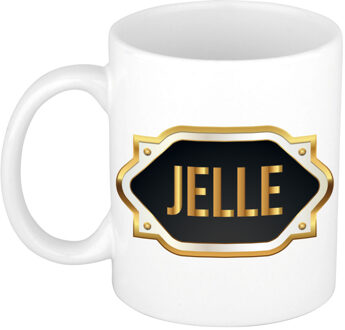 Bellatio Decorations Naam cadeau mok / beker Jelle met gouden embleem 300 ml