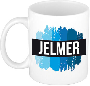 Bellatio Decorations Naam cadeau mok / beker Jelmer met blauwe verfstrepen 300 ml
