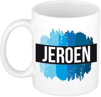 Bellatio Decorations Naam cadeau mok / beker Jeroen met blauwe verfstrepen 300 ml