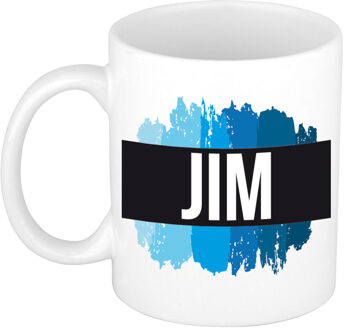 Bellatio Decorations Naam cadeau mok / beker Jim met blauwe verfstrepen 300 ml