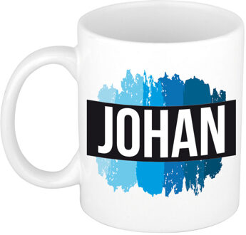 Bellatio Decorations Naam cadeau mok / beker Johan met blauwe verfstrepen 300 ml
