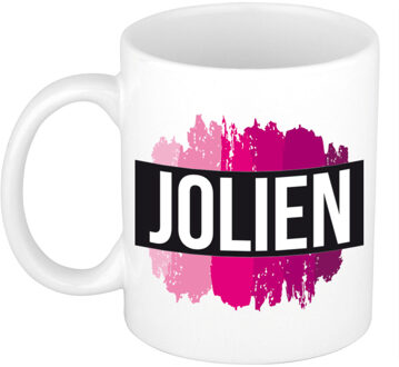 Bellatio Decorations Naam cadeau mok / beker Jolien met roze verfstrepen 300 ml