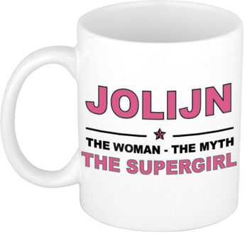 Bellatio Decorations Naam cadeau mok/ beker Jolijn The woman, The myth the supergirl 300 ml - Naam mokken Multikleur