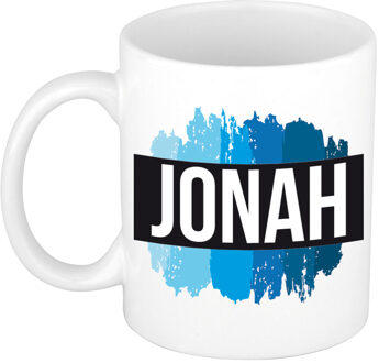 Bellatio Decorations Naam cadeau mok / beker Jonah met blauwe verfstrepen 300 ml