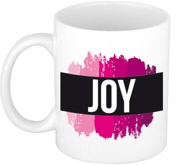 Bellatio Decorations Naam cadeau mok / beker Joy met roze verfstrepen 300 ml
