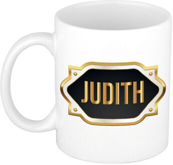 Bellatio Decorations Naam cadeau mok / beker Judith met gouden embleem 300 ml Zwart