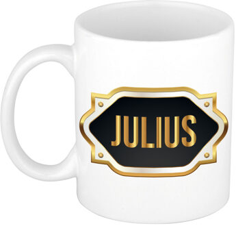 Bellatio Decorations Naam cadeau mok / beker Julius met gouden embleem 300 ml Zwart