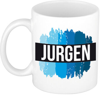 Bellatio Decorations Naam cadeau mok / beker Jurgen met blauwe verfstrepen 300 ml