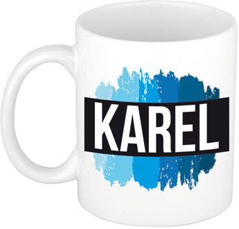 Bellatio Decorations Naam cadeau mok / beker Karel met blauwe verfstrepen 300 ml