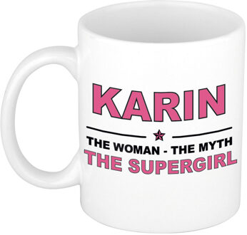 Bellatio Decorations Naam cadeau mok/ beker Karin The woman, The myth the supergirl 300 ml - Naam mokken Multikleur