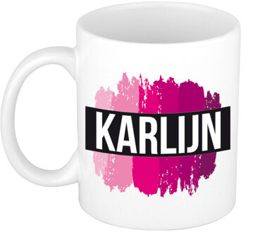 Bellatio Decorations Naam cadeau mok / beker Karlijn met roze verfstrepen 300 ml