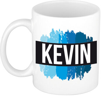 Bellatio Decorations Naam cadeau mok / beker Kevin met blauwe verfstrepen 300 ml