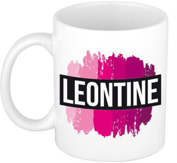Bellatio Decorations Naam cadeau mok / beker Leontine met roze verfstrepen 300 ml